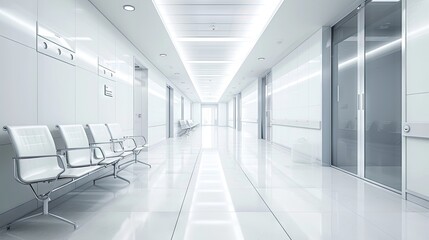 visual of an empty modern hospital corridor with white chairs, setting the scene for patients waiting for a doctor visit.