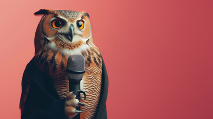 Talented Owl Comedian Holding Microphone on Standup Stage /Owl Journalist
