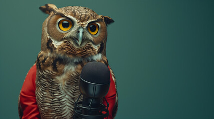 Intense Owl Podcaster Recording in a Professional Studio Setting /Owl Journalist