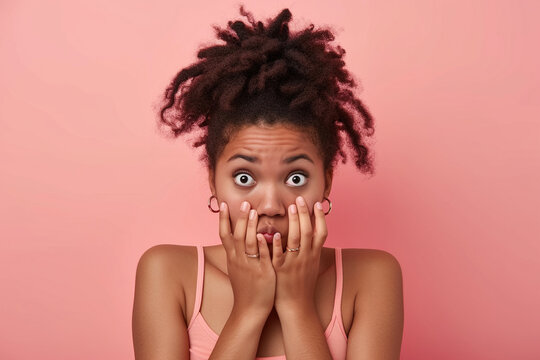 Nervous African American teenage girl and biting nails in studio with oops reaction to gossip on pink background. Mistake, sorry, drama or secret with regret, shame or awkward