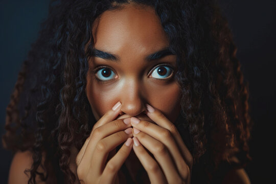 Nervous African American teenage girl and biting nails in studio with oops reaction to gossip on black background. Mistake, sorry, drama or secret with regret, shame or awkward