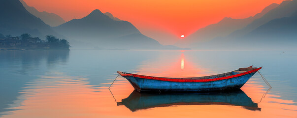 Fishing boat on the shore of lake at sunrise. Panorama