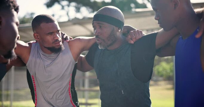 Black people, teamwork or huddle for motivation on basketball court planning a strategy or mission. Training game, leadership or athletes in group for talking, fitness or support in a sports match
