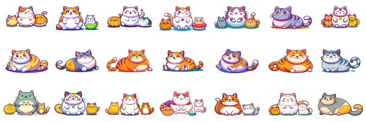 Set of kawaii fat cat in sticker style.