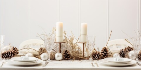 Scandinavian-style festive table setting for Christmas and New Year, with handmade rustic details in natural and white tones. Decorated with pine cones, branches, and candles.