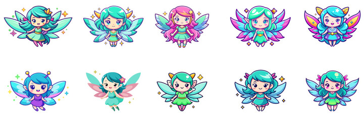 Set of kawaii fairy in sticker style.