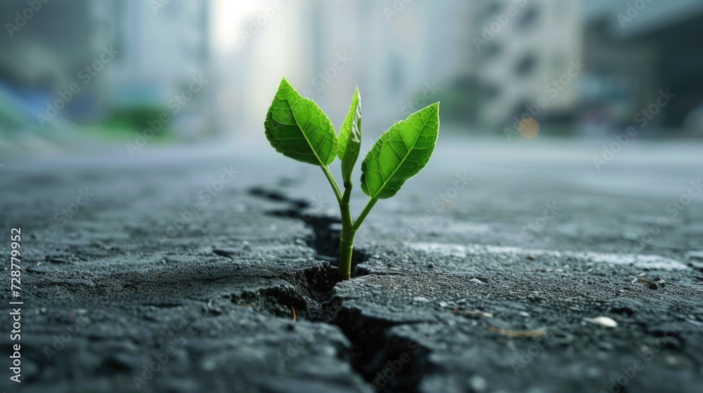 Poster green plant growing from crack in asphalt