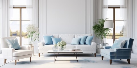 Cozy living room with white sofa and blue armchairs