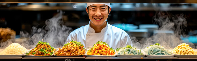 Chinese Chef preparing food in a restaurant kitchen, panoramic banner