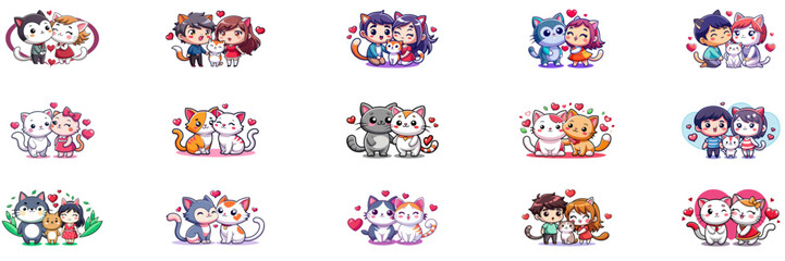 Set of kawaii cat and kawaii humanoid cat in sticker style.