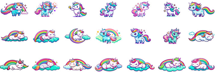 Fototapeta premium Set of kawaii unicorn in sticker style.