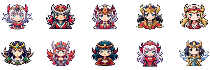 Set of kawaii warrior girl in sticker style.