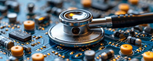 Stethoscope on electronic circuit board closeup. Medical technology concept.