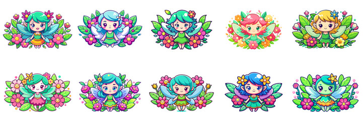 Obraz na płótnie Canvas Set of kawaii fairy among flowers in sticker style.