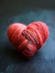 Saint Valentine's Day Love Art Concept, Red Heart-Shaped Ball of Yarn on Black Surface