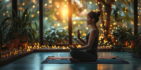 girl doing yoga by candlelight in the house - obrazy, fototapety, plakaty