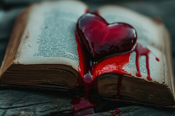 book with bloody heart on page
