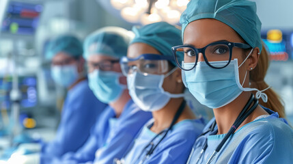 surgical team in scrubs and masks, prepared and focused in the operating theatre. Surgical Team Ready for Operation