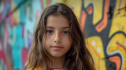 Naklejka premium Portrait of a beautiful little girl on the background of graffiti. A captivating close-up of a Colombian girl with golden-brown waves, framed by the vibrant graffiti-covered walls of Bogota La Candela