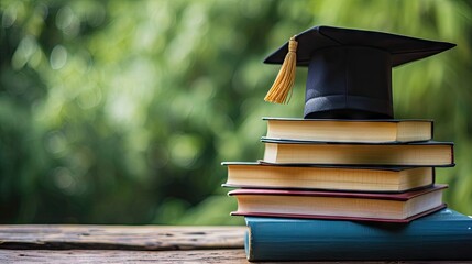 impactful image of a graduation cap perched on top of a stack of books, symbolizing academic success and learning achievement