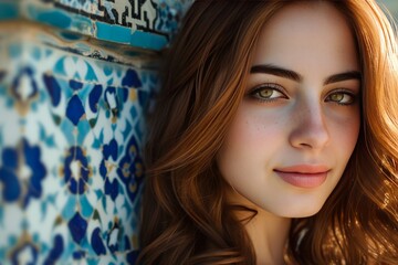 Close-up of an Iranian beauty with chestnut hair cascading down her shoulders. Her hazel eyes reflect the rich blue tiles of the Sheikh Lotfollah Mosque in Isfahan. 