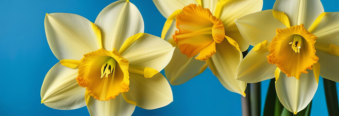 Garden flowers of daffodils on blue background.