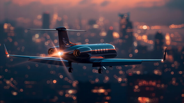 Vista a&eacute;rea de un jet privado volando cerca de edificios de una ciudad  al atardecer