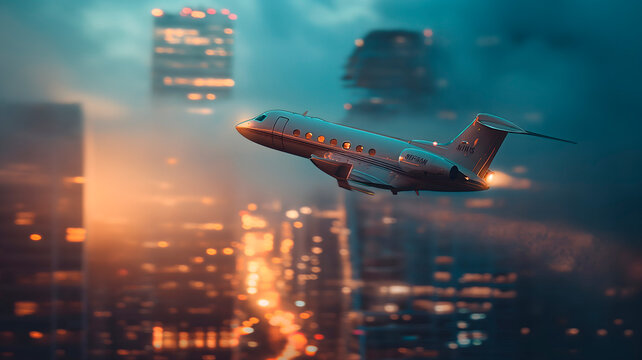 Vista a&eacute;rea de un jet privado volando cerca de edificios de una ciudad  al atardecer