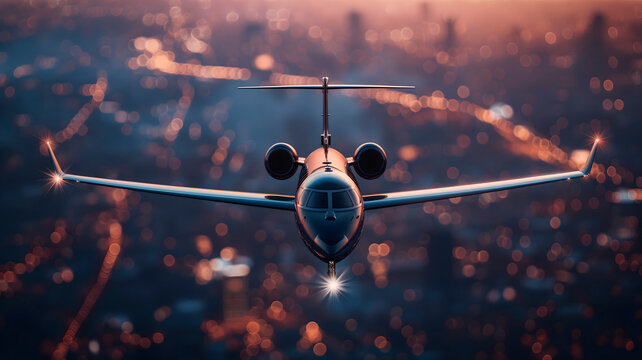 Vista a&eacute;rea de un jet privado volando cerca de edificios de una ciudad  al atardecer