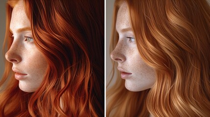 Obraz premium Red hair's dramatic transformation: from natural, unbrushed texture to a vibrant, smooth, and refined appearance in a striking before and after showcase
