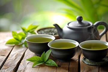 Green tea leaves unfurl in the cup, creating a beautiful and calming sight.
