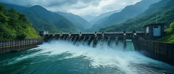 the flow of hydroelectric energy, with powerful water turbines in a river generating electricity, surrounded by lush greenery and mountains. - obrazy, fototapety, plakaty