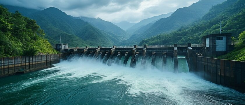 the flow of hydroelectric energy, with powerful water turbines in a river generating electricity, surrounded by lush greenery and mountains.