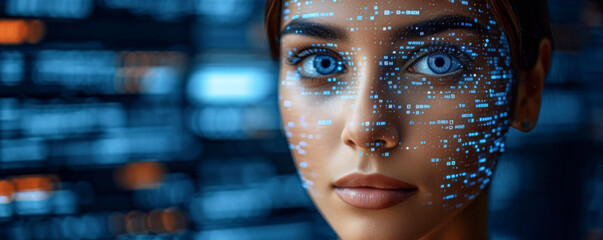 Futuristic woman looking at camera with binary code on her face - obrazy, fototapety, plakaty