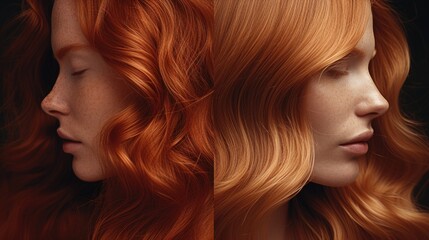 Red hair's dramatic transformation: from natural, unbrushed texture to a vibrant, smooth, and refined appearance in a striking before and after showcase