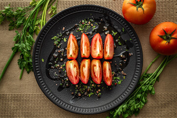 Tomatoes with parsley, chives, black pepper, himalayan salt and olive oil on a black plate. © Eduardo