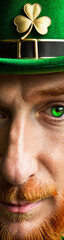a headshot of an Irish leprechaun with shamrock and green eyes, Saint Patrick&rsquo;s Day, Irish gnome, Ireland, cloverleaf, culture, tradition, website skyscraper, webdesign