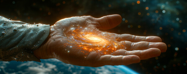Man's hand with a glowing galaxy in the background. 