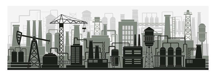 Industrial city silhouette concept. Skyscrapers with construction cranes. Poster or banner. Urban architecture and infrastructure. Outline flat vector illustration isolated on white background
