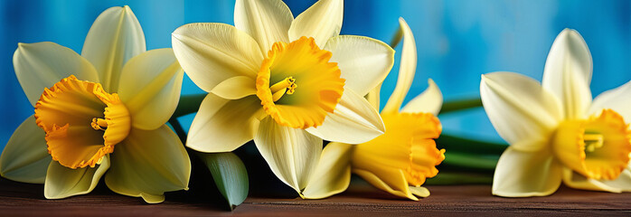 Obraz na płótnie Canvas Garden flowers of daffodils on blue background.