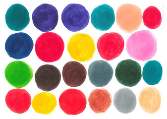 Set of multicolored watercolor circles of blue, red, yellow, green, orange and gray colors on white background - 728784180