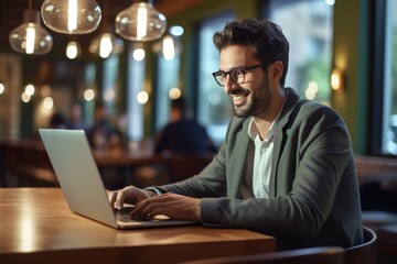 Confident Entrepreneur at Work in Stylish Cafe. Smiling entrepreneur enjoying work on his laptop in a trendy cafe environment.