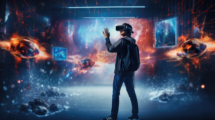 Man Wearing Virtual Reality Headset in Dark Room
