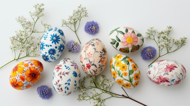 Vibrant Easter eggs adorned with intricate designs create a stunning display against a pristine white backdrop.