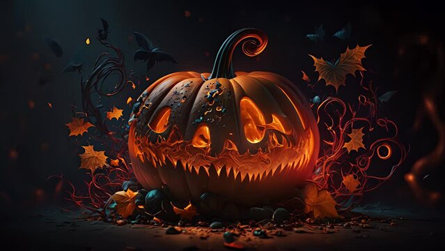 Creepy burning halloween pumpkins. Created with generative AI.	