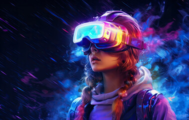 Fashionable woman in colorful virtual reality gear exploring digital art in cyberspace.
