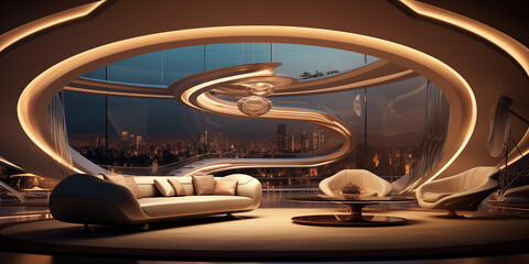 Fototapeta premium Futuristic Modern kitchen Design, panoramic view concept design, focus on sleek lines and innovative materials, Futuristic interior design