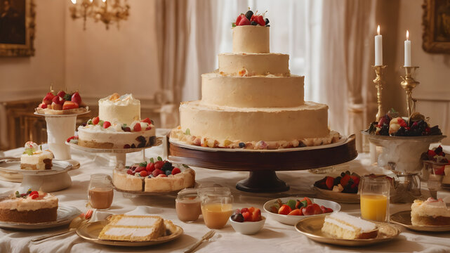 Light beige background; just a cake in the center with lots of photos of people on the cake; a table with a tablecloth