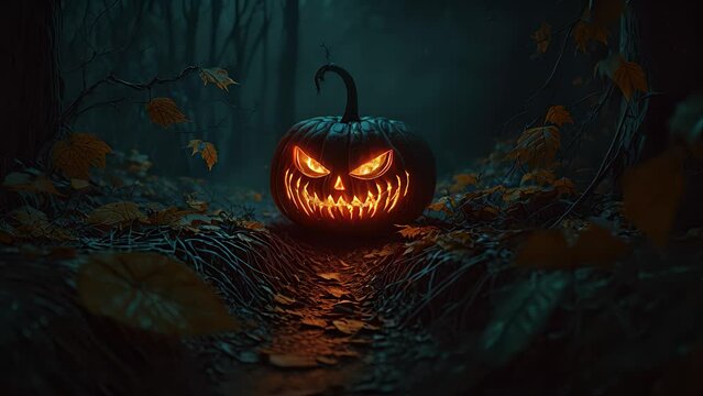 Creepy burning halloween pumpkins. Created with generative AI.	
