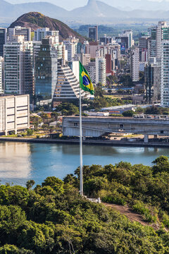 View of the city of Vit&oacute;ria, capital of Esp&iacute;rito Santo, during a beautiful morning with sunshine and blue sea. View from the Penha Convent, in Vila Velha.